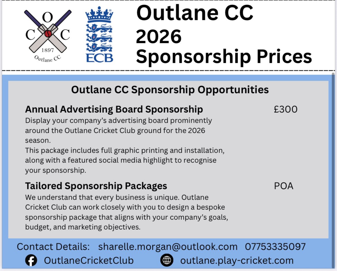 Preparations are well underway for 2026!

As always our club need sponsors to support our huge growth across the club and providing the best facilities to our 200+ playing members. 

Please see all our sponsorship opportunities for 2026.

Contact details are within the graphic.