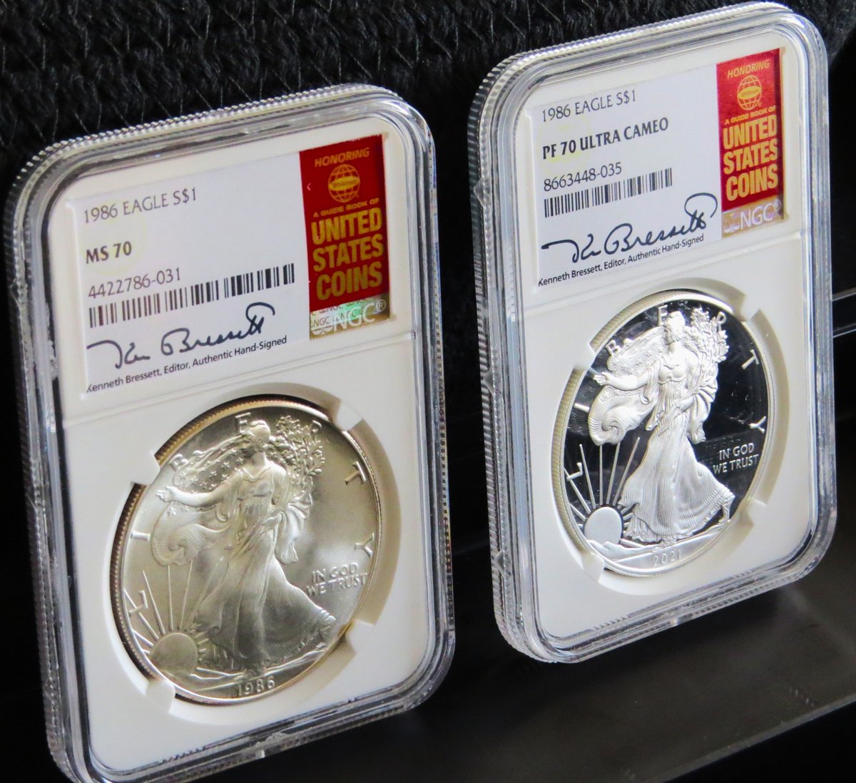 metals_exchange's tweet photo. 1986 NGC MS70 +PF70 Silver American Eagles Signed by Kenneth Bressett! https://t.co/47RhcFZexe