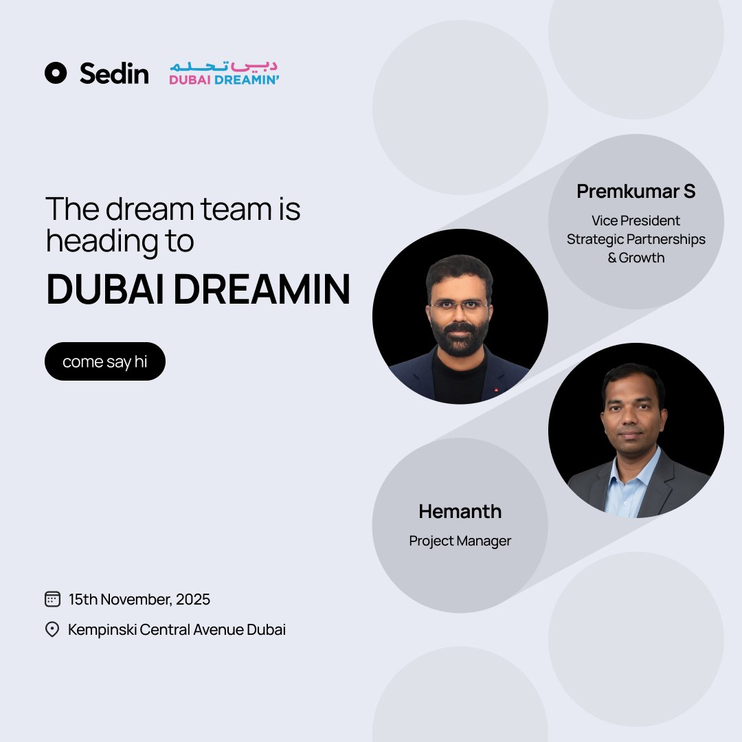 SedinTech's tweet image. Meet our dreamers at Dubai Dreamin&apos;! ✨

Premkumar S and Hemanth Sopparapu will be representing Sedin Technologies, and connecting with the Salesforce community, sharing their insights on innovation in CRM and data.

Come say hi if you’re around! 👋

#DubaiDreamin