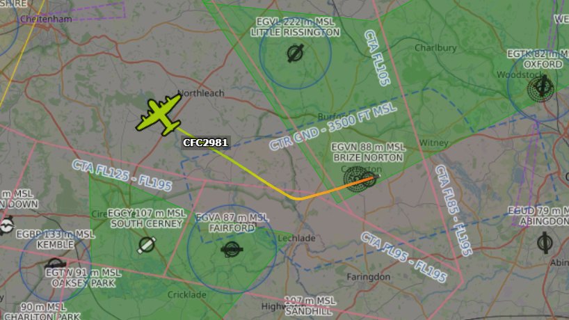 Andyyyyrrrr's tweet photo. 12:36 CANFORCE 2981 RCAF C|C-130/J Herc
Departed RAF Brize Norton inbound to Prestwick
In the turn right to the Daventry (#DTY) fix.
Working Brize Radar 127.255
#CFC2981 Tail : 130611 https://t.co/tk3dX3zwey