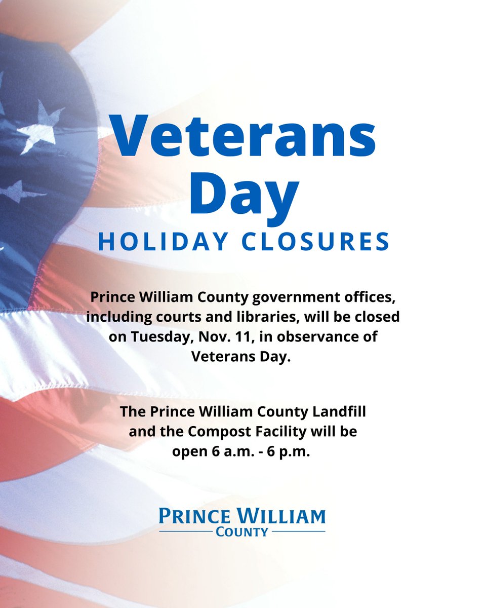 pwcgov's tweet image. Today, we honor the bravery and sacrifice of our veterans. Thank you for your service and dedication to our country. 

Please note that some County offices and facilities may have adjusted schedules or closures in observance of Veterans Day.