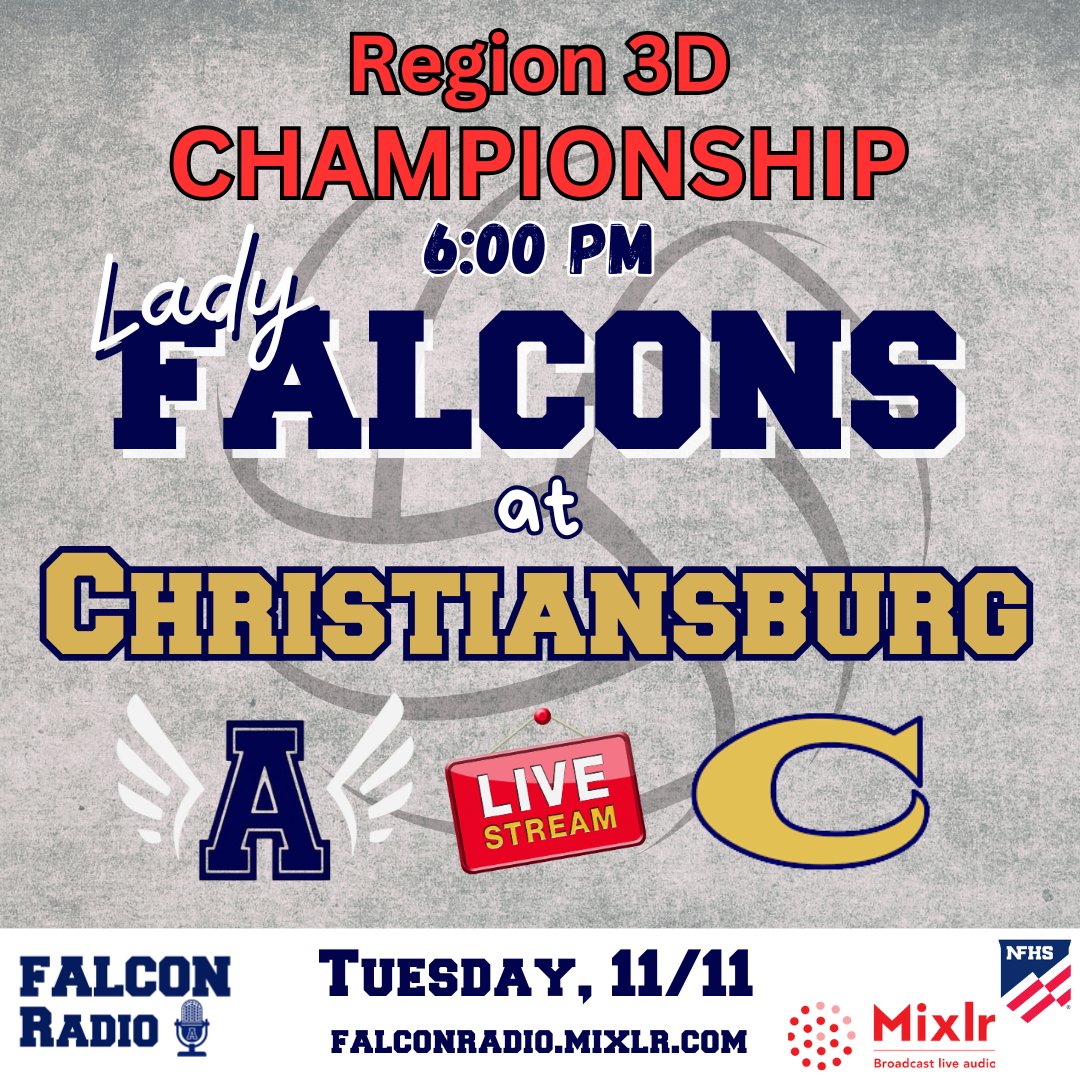 🏐 Reg3D🏆
(2) <a href="/AHS_Volleyball/">Abingdon Volleyball</a> at (1) <a href="/CHSBlueDemons/">CHSBlueDemons</a> 
📌CHS 📆 Tues 11/11 ⏰6pm
🎙mixlr: falconradio.mixlr.com
📺 tinyurl.com/AbingdonNFHS