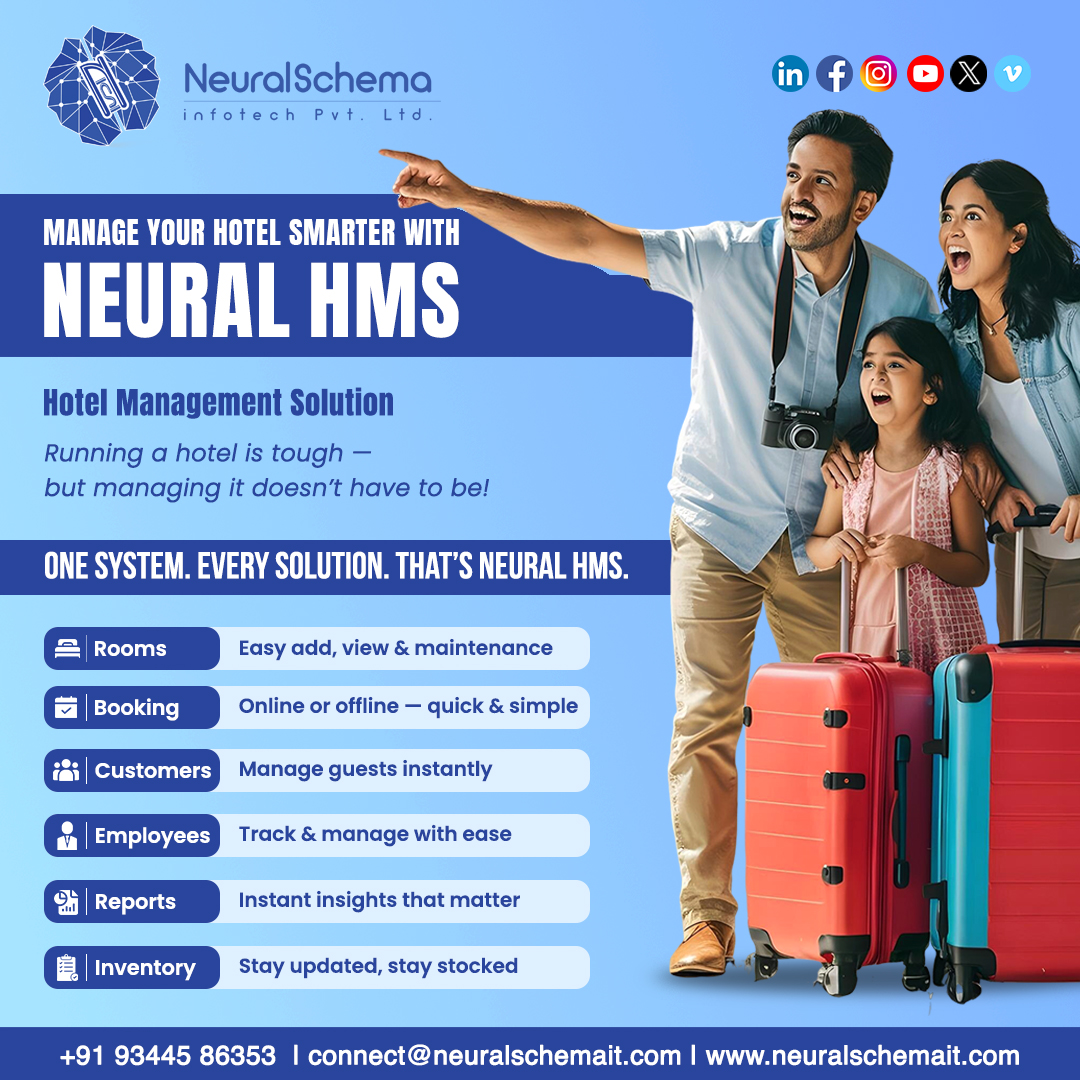 NeuralSchema1's tweet image. 🌟 Handle your hotel smarter with Neural Hotel Management Solutions 🌟
💡 One system for every solution!
🏨 Manage rooms, bookings, customers, employees, reports &amp;amp; inventory in one place.
⚙️ Streamline operations &amp;amp; enhance efficiency!

#NeuralSchema #HotelTech #SmartManagement