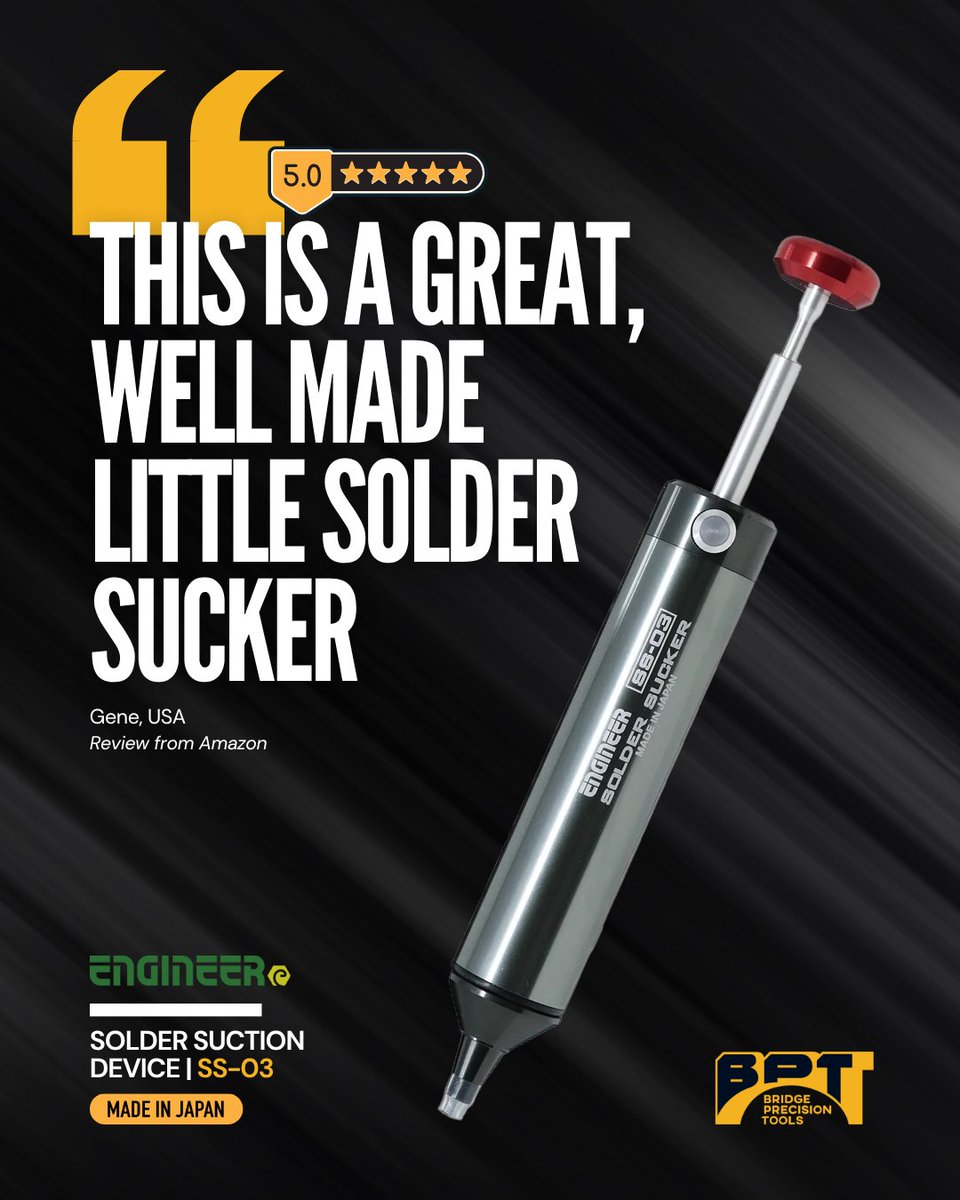 BridgePrecision's tweet image. Durable. Reliable. Loved by pros. The SS-03 Solder Sucker makes every soldering job effortless.

Order yours now: bridgeprecisiontools.com/product/ss-03-…

#tools #electronics #electronicsrepair #GadgetRepair #computerrepair #AuthorizedReseller #japanmade #toolsforlife #diyprojects #crafting