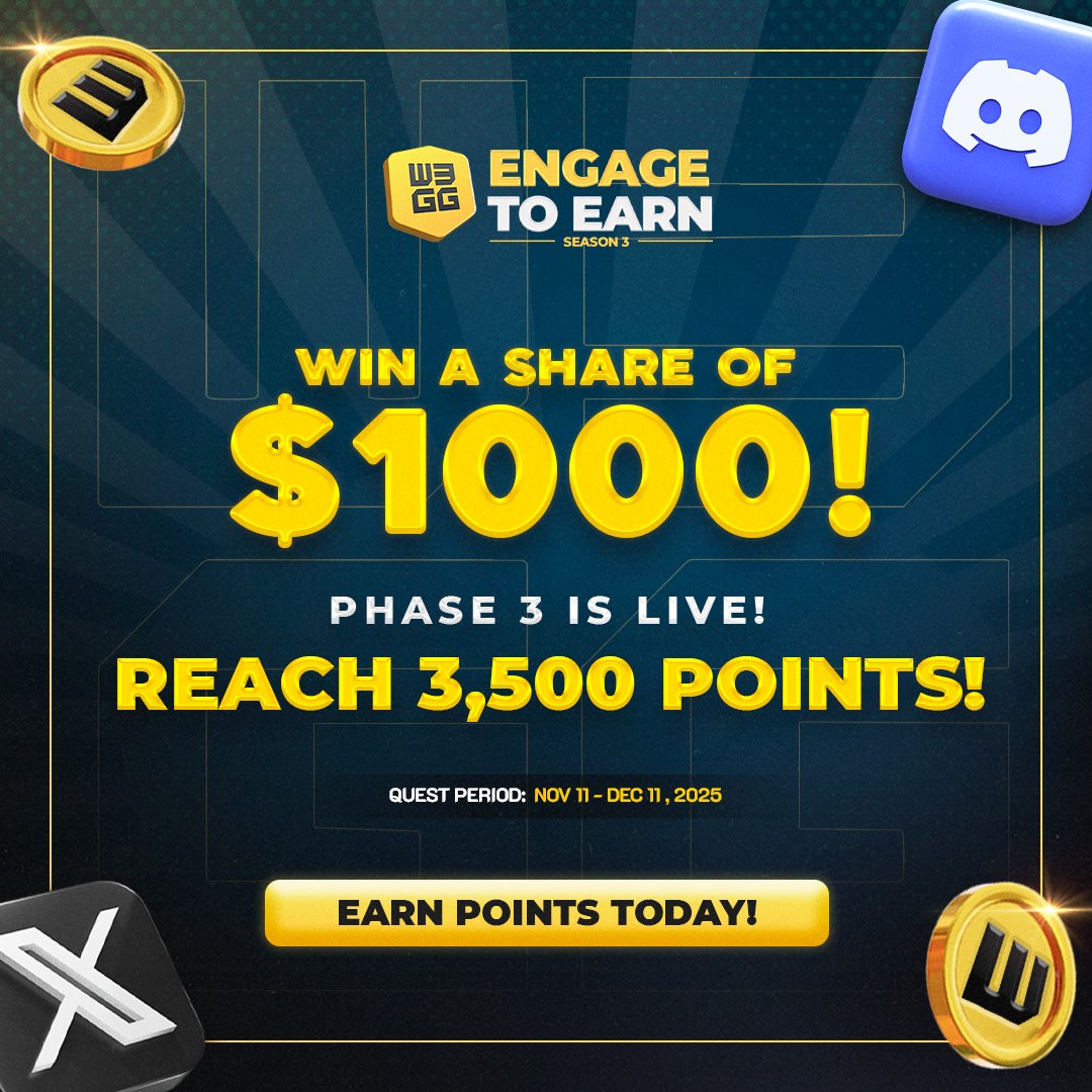 w3ggofficial's tweet photo. 💥 Phase 3 is live, Yellow Hearts!

Engage to Earn Season 3 runs Nov 11 to Dec 11.
Hit 3,500 points and aim for a spot in the Top 15 to grab your share of $1,000 in prizes before the season ends.

Check out all the details and start earning points 👉  https://t.co/bx9wQXEEAK https://t.co/mFokMoDDNl
