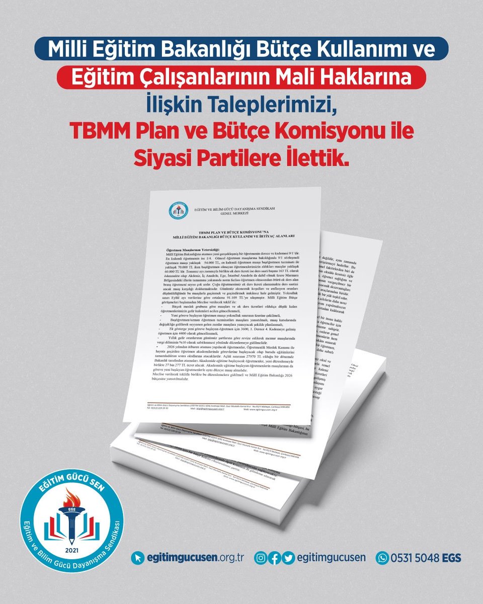 Eğitim Gücü Sen olarak, eğitim çalışanlarının ekonomik sorunlarını ve çözüm önerilerimizi bir kez daha güçlü biçimde dile getiriyoruz!

Milli Eğitim Bakanlığı bütçe kullanımına ve eğitim çalışanlarının mali haklarına ilişkin taleplerimizi, TBMM Plan ve Bütçe Komisyonu ile siyasi