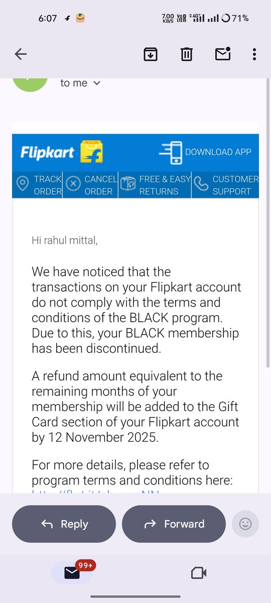 RahulMi59489405's tweet photo. I was flipkart's black member y membership is cancelled by the flipkart with reason stating transaction on my account don't comply with Flipkart Tnc. Can I know what type of TnC has been violated by me @Flipkart @flipkartsupport https://t.co/p67kkazRE3