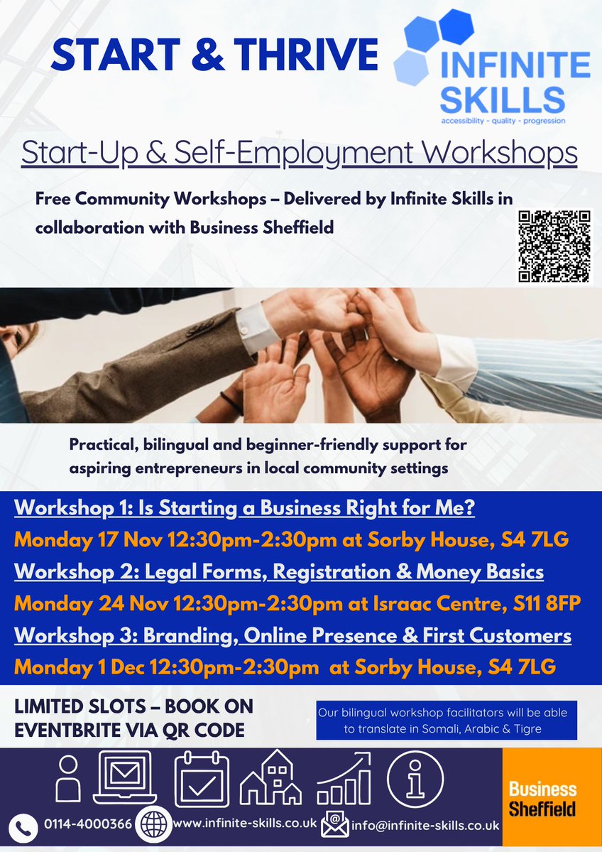 infiniteskillsC's tweet image. We’re teaming up with Business Sheffield to deliver FREE business workshops across Sheffield!

Part of our mission to support inclusive local economies, giving residents the tools to start or grow their business 💼

Sign up tinyurl.com/5n7nr7fv

#Sheffield #Entrepreneurship