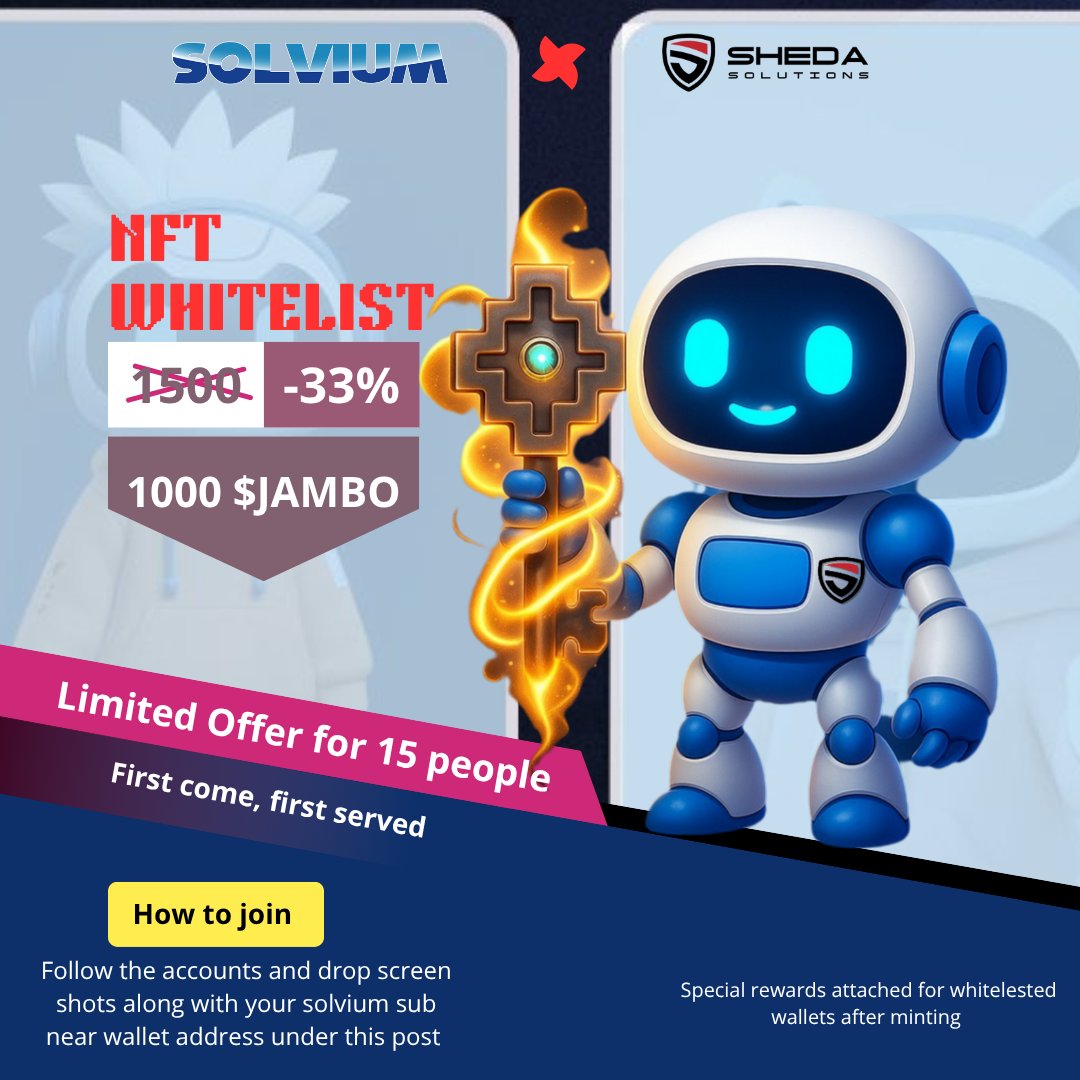 SOLVIUM X SHEDA WL ALERT ⚠️ 📢 

We have secured 15 <a href="/Solvium_game/">Solvium</a> NFTs whitelist for SHEDA Avengers!
To join in follow 
- @shedasolutions 
- <a href="/Solvium_game/">Solvium</a> 
- tag 2 friends and 
-  join t.me/Entechnologuew….

First come, first serve, special rewards for whitelist after minting.