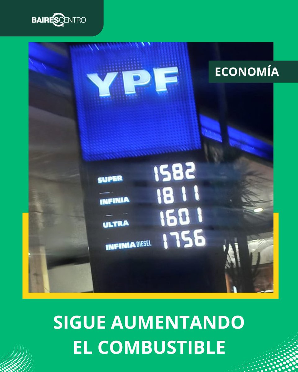 🟢 SIGUE AUMENTANDO EL COMBUSTIBLE

El precio corresponde a la estación de servicio YPF de 25 de Mayo.

La foto fue tomada este lunes 9 de noviembre a las 20 horas.