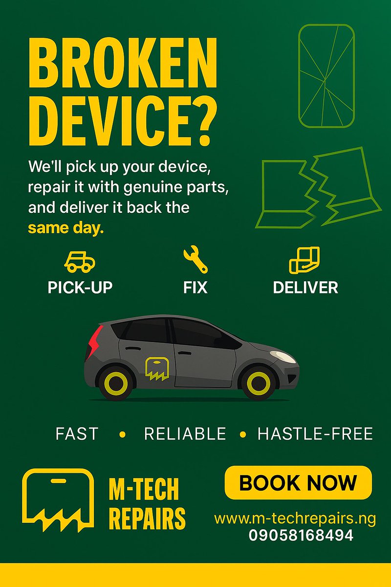 M_techRepairs's tweet image. 🚀 New week, same speed!
Got a broken device? Let’s get you back up and running — FAST.
We’ll pick it up, fix it with genuine parts, and deliver it back the same day.
📱💨 Fast. Reliable. Hassle-free.
🔗Book now: m-techrepairs.ng
#MTechRepairs #TechFix #SameDayRepair
