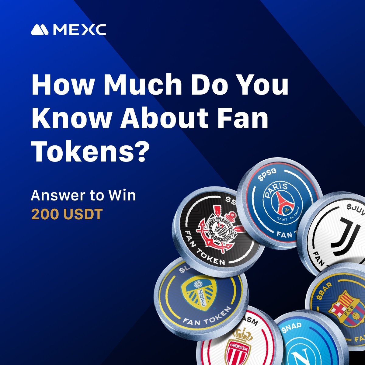 Fan Token quiz time! 🧠

Test your knowledge and enter to win a share of the 200 $USDT prize pool!
1️⃣Follow <a href="/MEXC_Official/">MEXC</a>, <a href="/Chiliz/">Chiliz - The Sports Blockchain</a>, &amp; <a href="/FanTokens/">Fan Tokens™</a>
2️⃣Answer the quiz: forms.gle/EnTHaqw6kfziUt…

20 lucky winners will share the reward. Ends on Nov 13.
