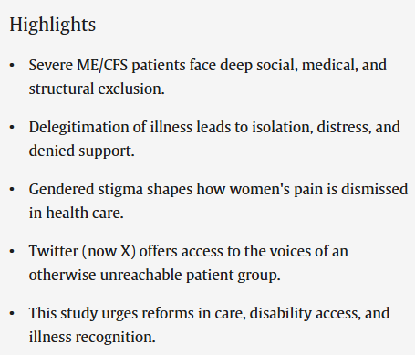 TomKindlon's tweet image. 🧵
Contested and neglected: Social and medical marginalization in severe Chronic Fatigue Syndrome by @bitanezamdoust &amp;amp; @RuelErin 

sciencedirect.com/science/articl…

&quot;Severe ME/CFS patients face deep social, medical, and structural exclusion.&quot;

#SevereME #MEcfs 

1/