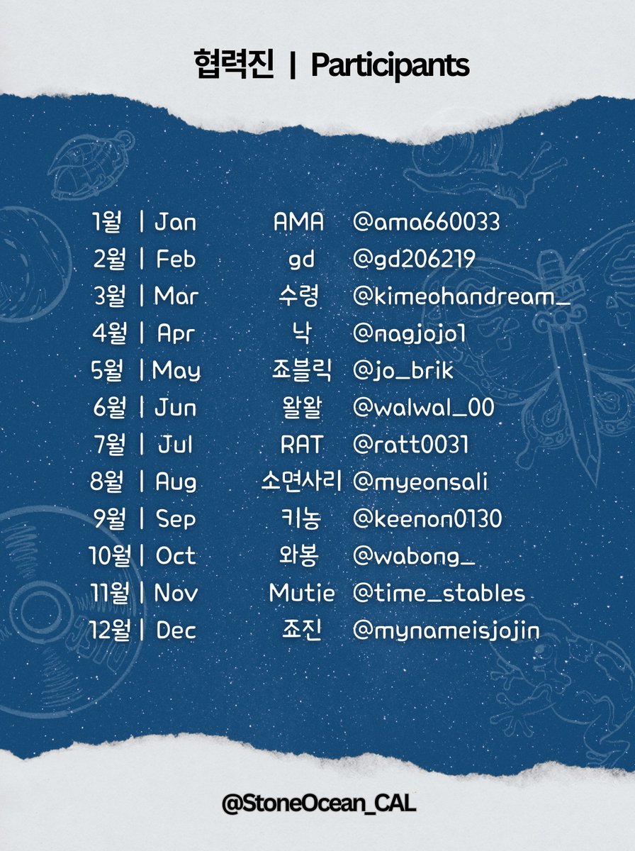 🌌StoneOcean Calender 2026☄️

협력진 리스트를 공개합니다. 
귀한 시간을 내어 도움을 주신 협력진분들께 진심으로 감사드립니다!

We're huge thankful for the all participants working together on this calendar project!