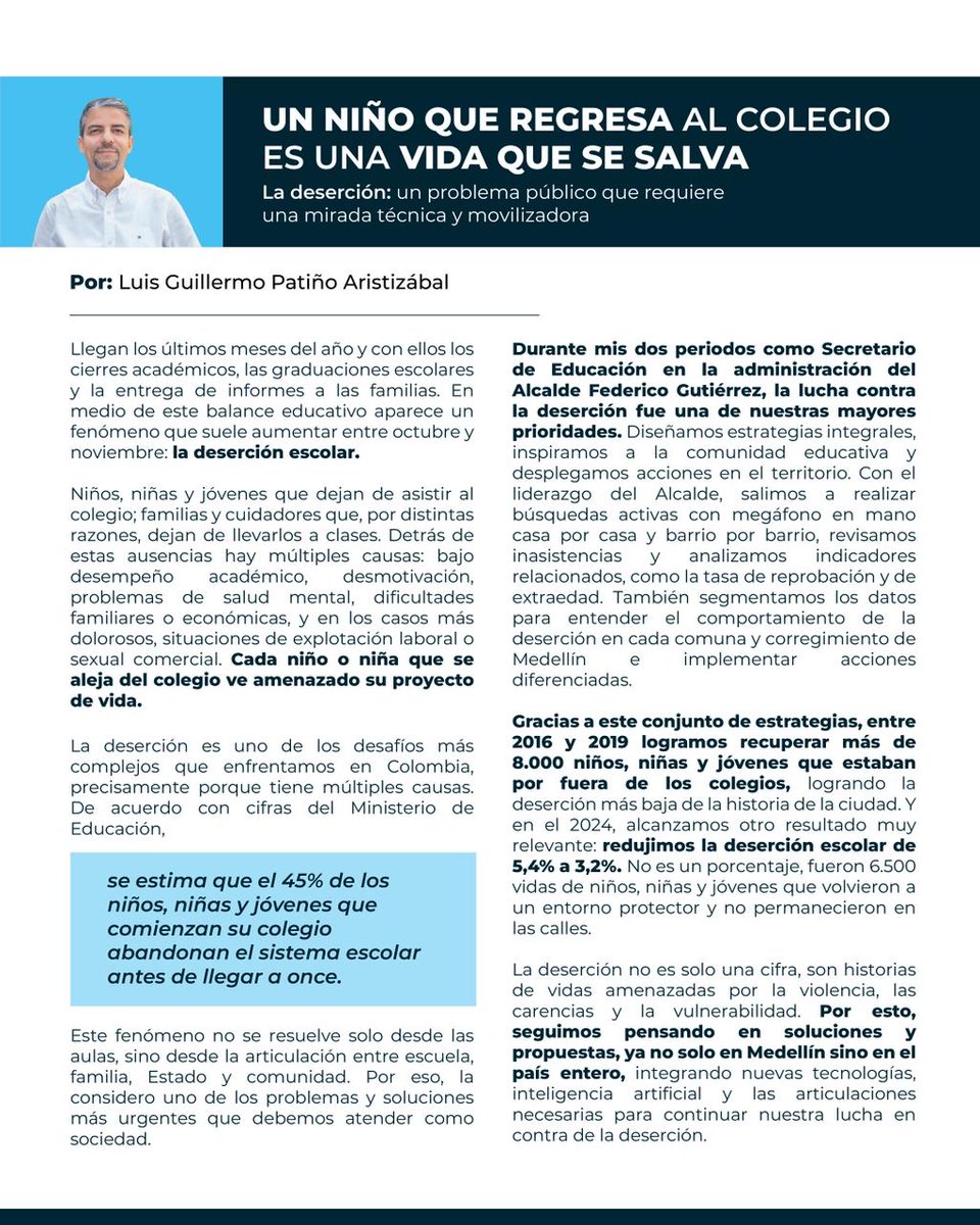 LuisGPatino's tweet photo. 💬 ¿Sabías que se estima que el 45% de los estudiantes que ingresan a primero en Colombia abandonan el colegio antes de llegar a once? 

⭐️ Te invito a leer mi última reflexión sobre la deserción: causas, soluciones, logros y propuestas para Antioquia y Colombia 🇨🇴 https://t.co/NcJobh65UV