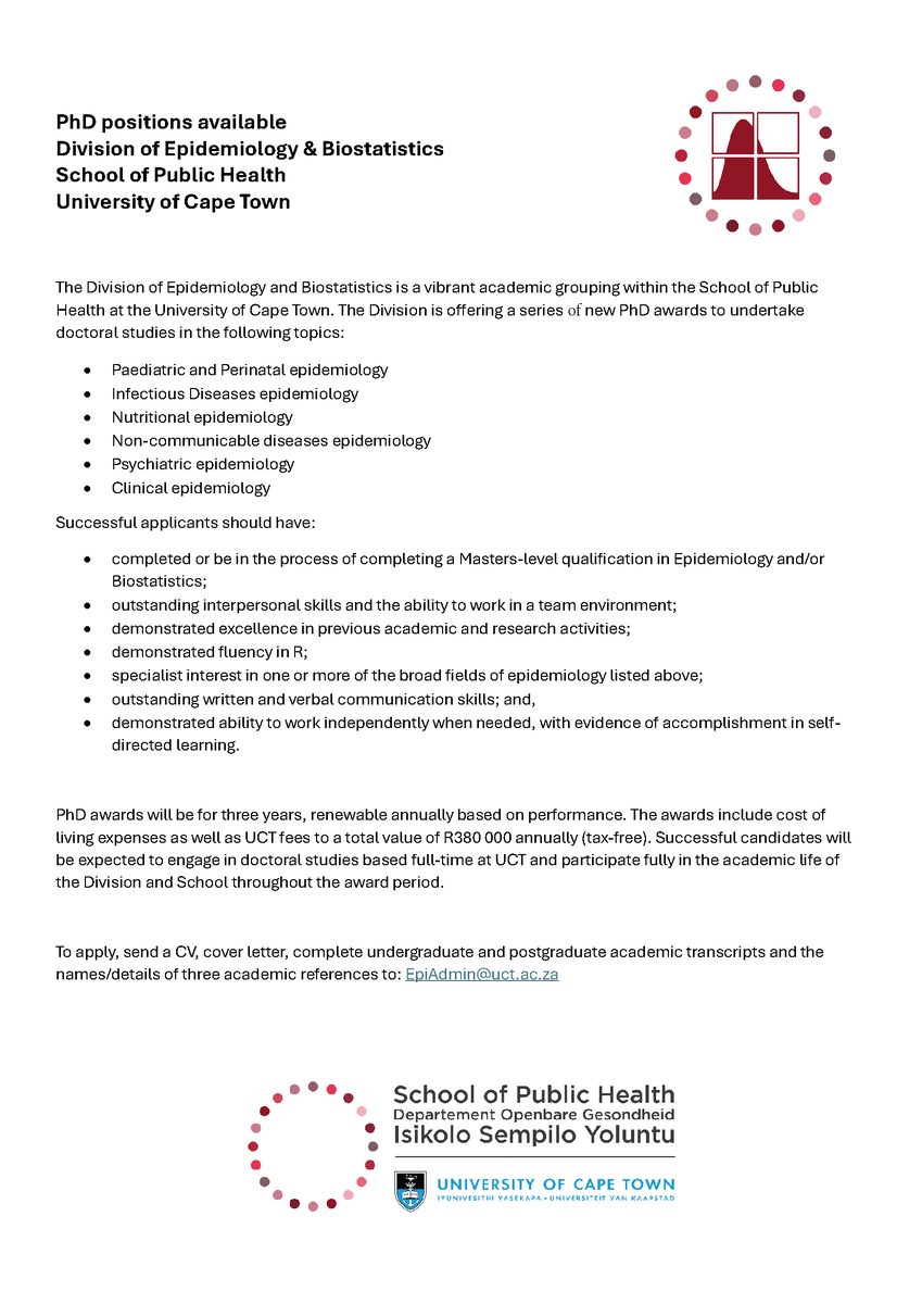 🚨Opportunity alert: Pursue a PhD in Public Health!  We are so excited to advertise a series of new PhD awards to undertake doctoral studies in Epi/Biostats-related disciplines. 
🔗Check out the advert for more information 
#PhD  #PublicHealth #EpiBiostats
<a href="/UCT_news/">UCT</a> <a href="/UCT_SPH/">UCT School of Public Health</a>
