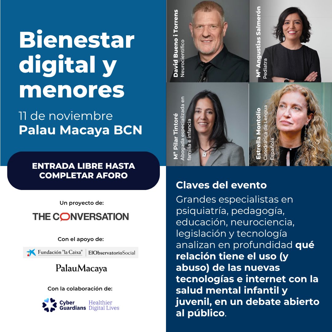 Han convidat el nostre projecte a participar en el debat obert sobre l'impacte d'internet en la #SalutMental de nens i joves que tindrà lloc al Palau Macaya de BCN (<a href="/FundlaCaixa/">Fundación ”la Caixa”</a>) aquesta tarda, dins del cicle #BienestarDigitalyMenores de <a href="/Conversation_E/">The Conversation ES</a>.
palaumacaya.fundacionlacaixa.org/ca/p/benestar-…