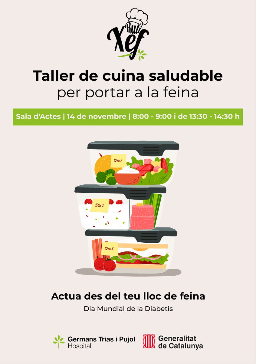 📅 El 14 de novembre celebrem el  #DiaMundialDeLaDiabetis
🍱 A <a href="/hgermanstrias/">Hosp. Germans Trias</a>  organitzem un taller de tuppers saludables per a pacients
💼 Objectiu: facilitar una #VidaAmbDiabetis també a la feina
🕰️Horari:  8.00-9.00h i 13.30-14.30h
💙 T’hi apuntes?
#Diabetis #BenestarLaboral