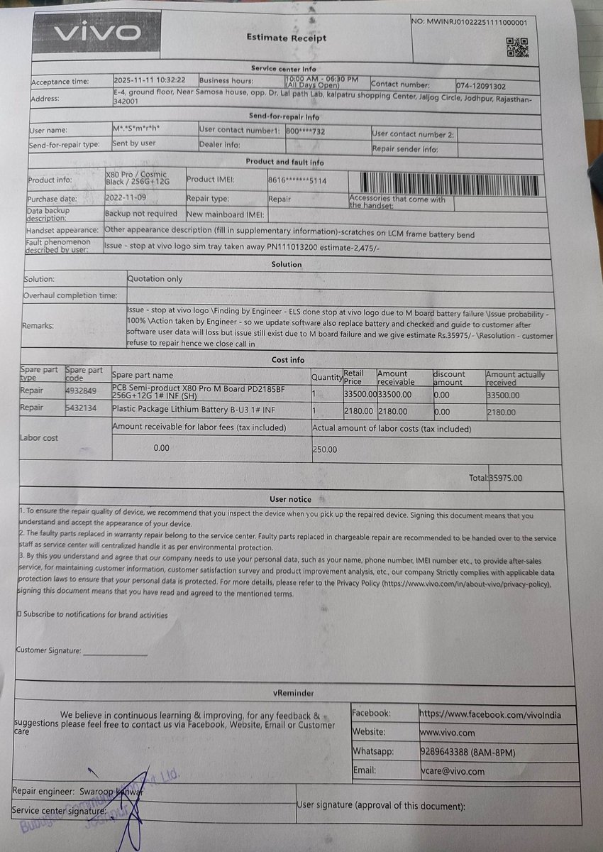samarth10s's tweet photo. Disappointed with @Vivo_India 
Your flagship phone Vivo X80 Pro is completely useless within 3 years of usage. Even after such a premium amount, we're getting this quality. 80k is a huge amount for a phone. Service center is asking to replace motherboard for 36k. Please help! https://t.co/RtsmR81Z5m
