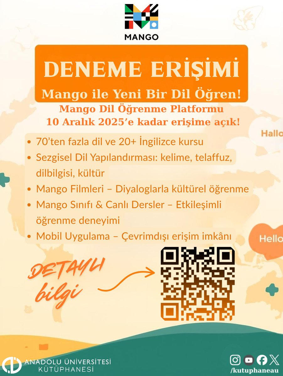 Mango Dil Öğrenme Platformu
70+ dil ve 20+ İngilizce kursuna erişim açık!
🎬 Mango Filmleri
👩‍🏫 Mango Sınıfı &amp; Canlı Dersler
📱 Mobil uygulamayla çevrimdışı öğrenme
📅 10 Aralık 2025’e kadar
#MangoLanguages #YabancıDil #AnadoluÜniversitesi