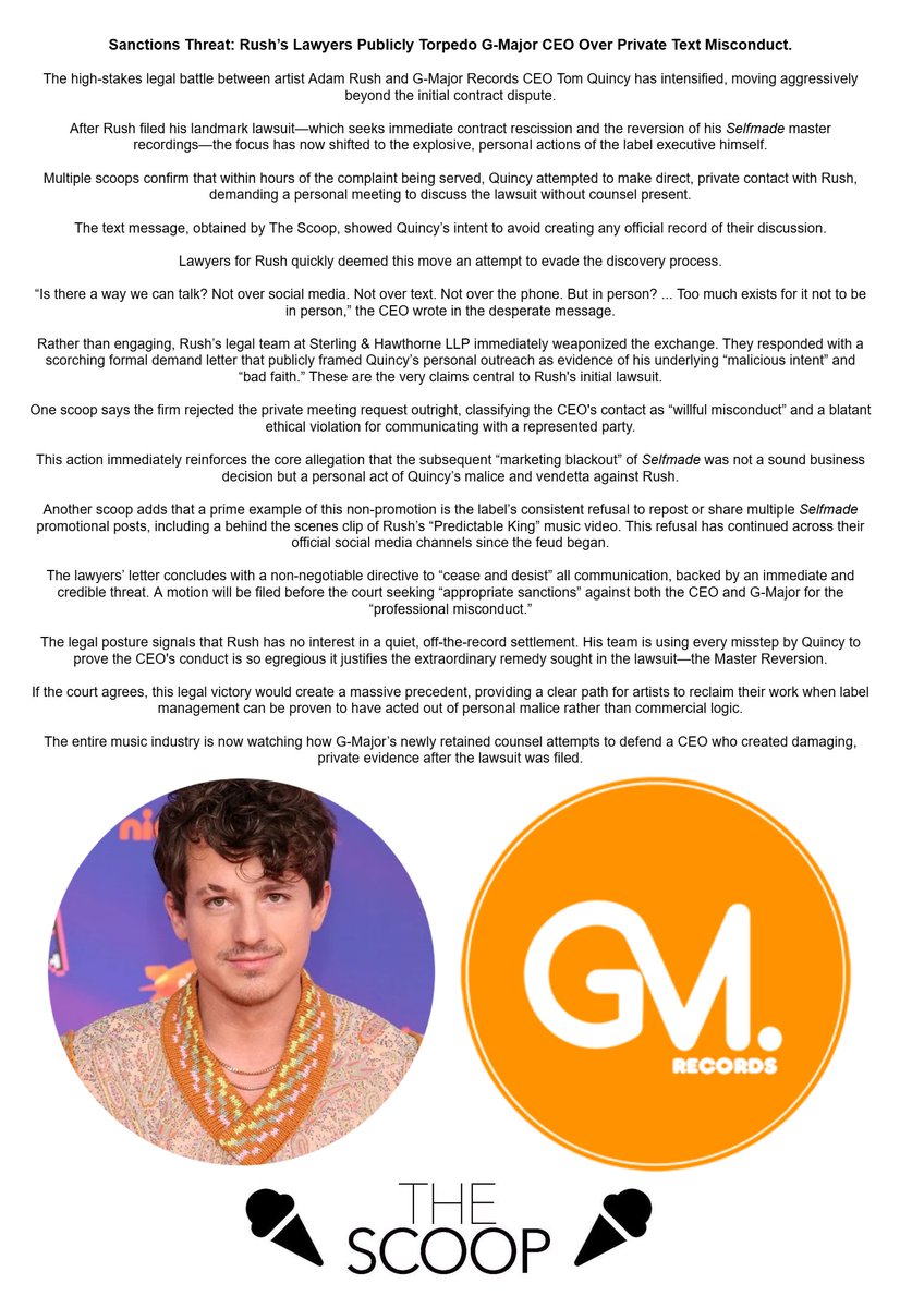 🍨 Sanctions Threat: Rush’s Lawyers Publicly Torpedo G-Major CEO Over Private Text Misconduct.