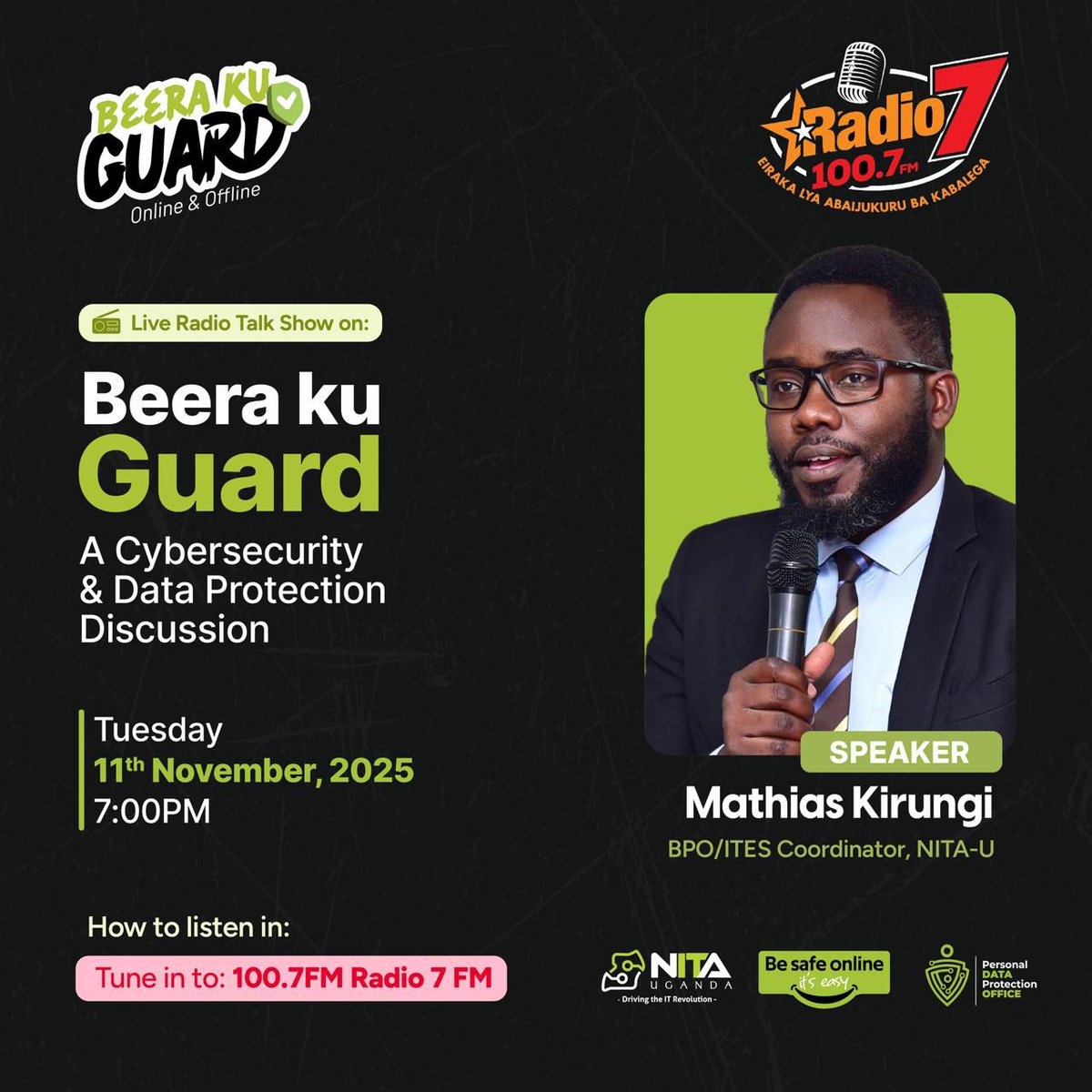 pdpoUG's tweet image. #ComingUp
Don’t miss!!

Tune in to Radio 7 (100.7 FM) this evening at 7:00PM for a live talk show on Cybersecurity and Data Protection.

radio7.ug
#BeeraKuGuard #PersonalDataisPrivate