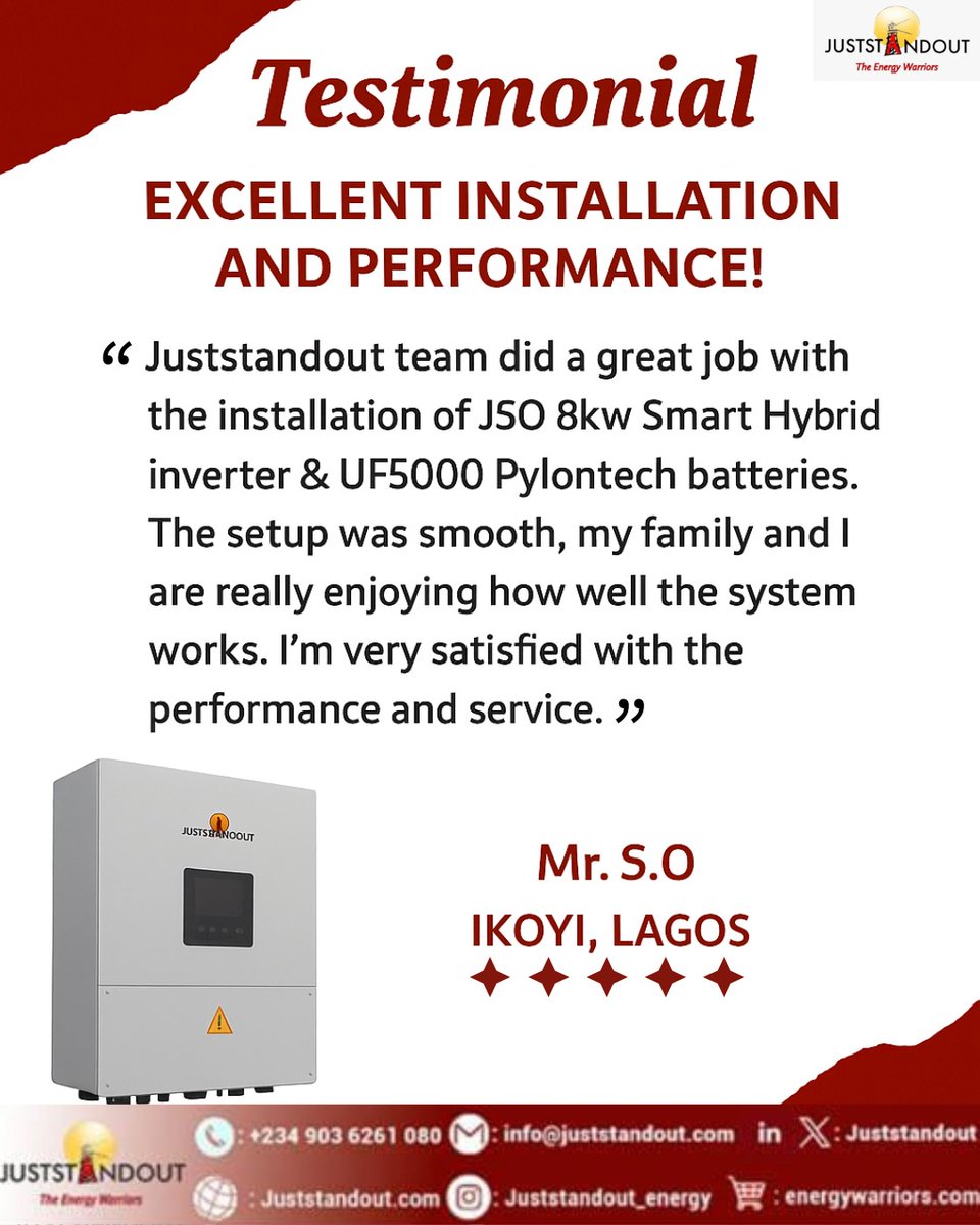 JUSTSTANDOUT's tweet image. We love hearing from our happy clients! ⚡ Reliable power, real results every day. Thank you for trusting Juststandout Energy to power your home &amp;amp; business. 💪 #Juststandoutclients
#ReliablePower #SolarSolutions