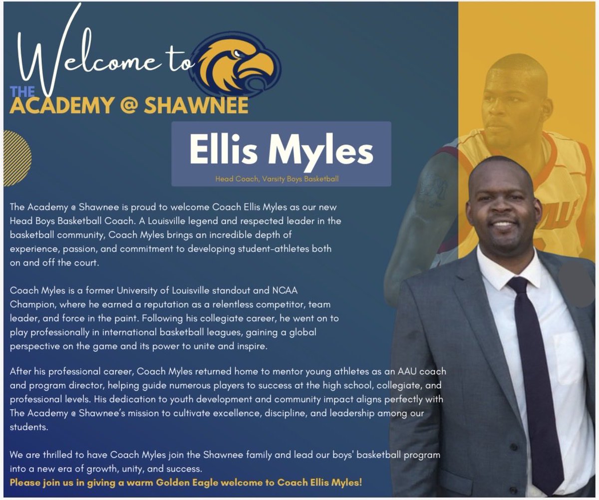 ShawneeAcademy's tweet photo. 🏀 Big News, Eagles! 🦅

Welcome Coach Ellis Myles, our new Head Coach for The Academy @ Shawnee Boys Basketball Team! 💛💙

He brings championship experience, strong leadership &amp; passion for our student-athletes. 🏆🔥

Welcome to Eagle Nation, Coach! 💪🏽🏀 https://t.co/69KptxnJ8U
