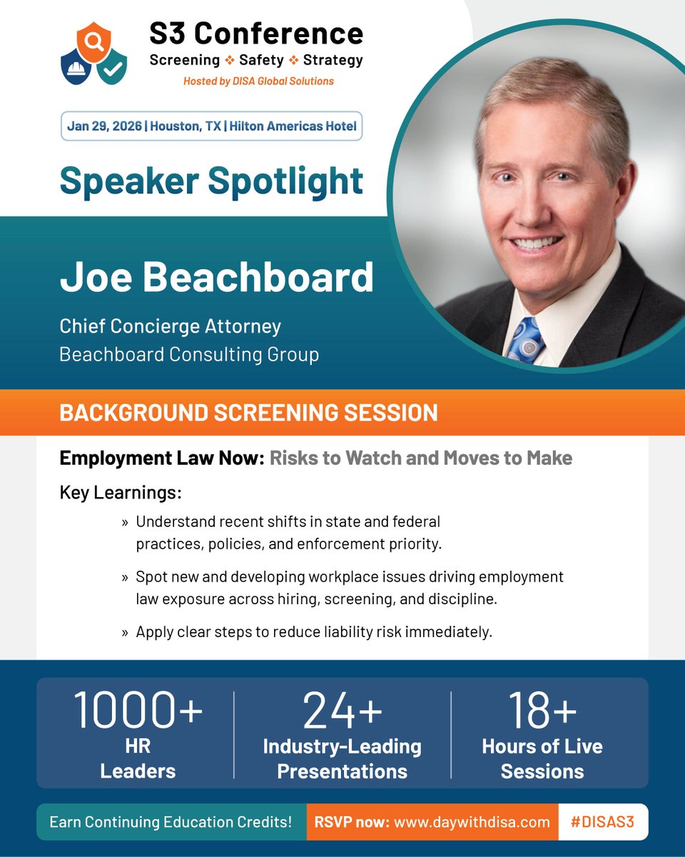 DISAGlobal's tweet image. 🌟 Today&apos;s 2026 Screening, Safety, &amp;amp; Strategy Conference (S3) speaker spotlight is on Joseph (&quot;Joe&quot;) Beachboard! 

➡ Learn more about S3: tinyurl.com/yhypksj2

#DISAS3 #EmployeeScreening #EmployeeSafety #HRStrategy #ContinuingEducation #BackgroundScreening