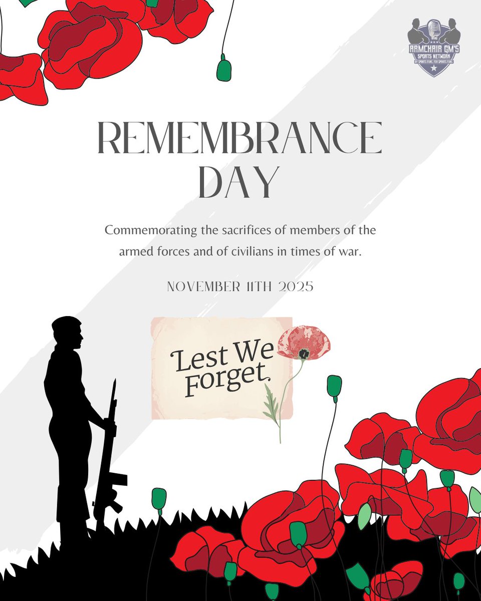 ArmchairGMPod's tweet image. Every day, but especially on November 11th, we acknowledge, honour, and reflect on the brave people who made the ultimate sacrifice(s), allowing us the opportunity to live our chosen ways of life in Canada.

True North, Strong, and Free.🍁

#RemembranceDay #LestWeForget