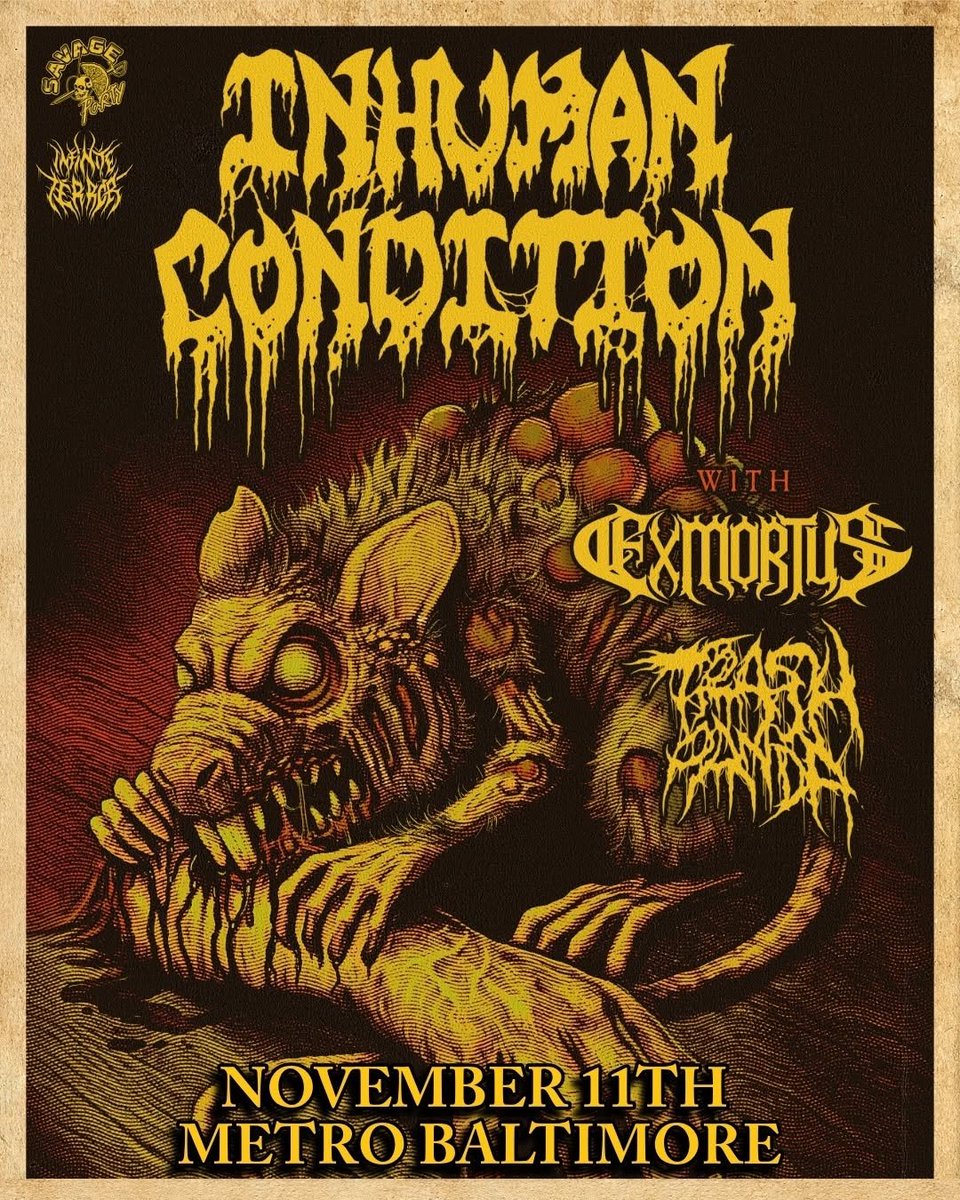 BandInhuman's tweet photo. Baltimore ....
Inhuman Condition are infesting the Metro Baltimore tonight with some 
FLORIDA SWAMP METAL 🐊
Join us w/ 
Exmortus &amp; Trash Panda 
 Come on down and trash with us !!
#getoffyourass #mindtrap https://t.co/X4kxnHH4ab