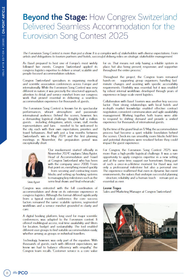 When hotel bookings meet high-stakes logistics 🎤
For #Eurovision2025, Congrex Switzerland coordinated thousands of rooms, managed stakeholders, and delivered — fast.

👉 Page 8: issuu.com/iapco/docs/the…

#EventProfs #PCO #Accommodation #Eurovision