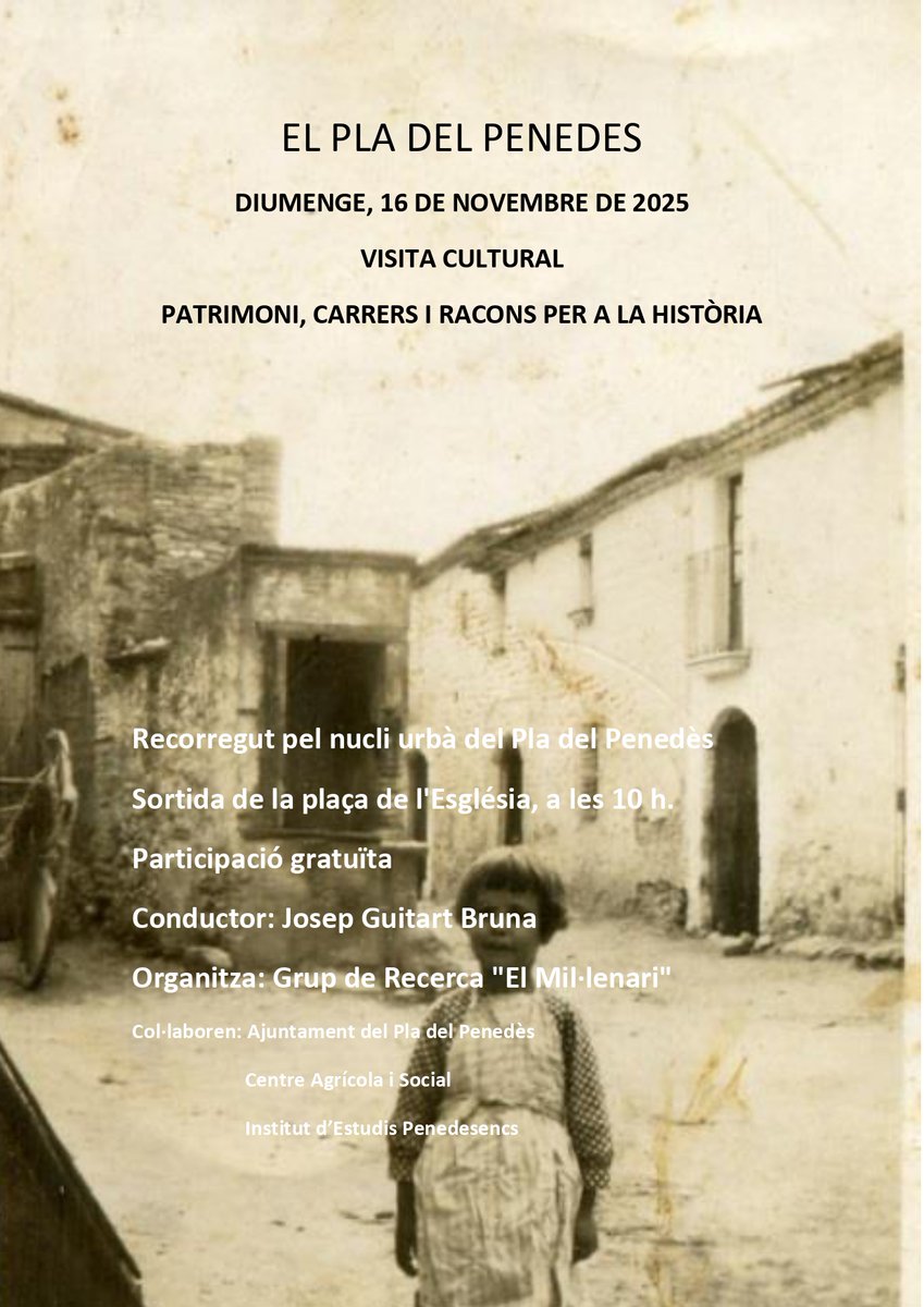 💬 Visita cultural 'Patrimoni, carrers i racons per a la història', un recorregut pel nucli urbà del #PladelPenedès

📍 16 de novembre, 10 h

🤝 Oganitzada pel Grup de Recerca “El Mil·lenari”, amb la col·laboració de l’Ajuntament, Centre Agrícola, i Institut d’Estudis Penedesencs
