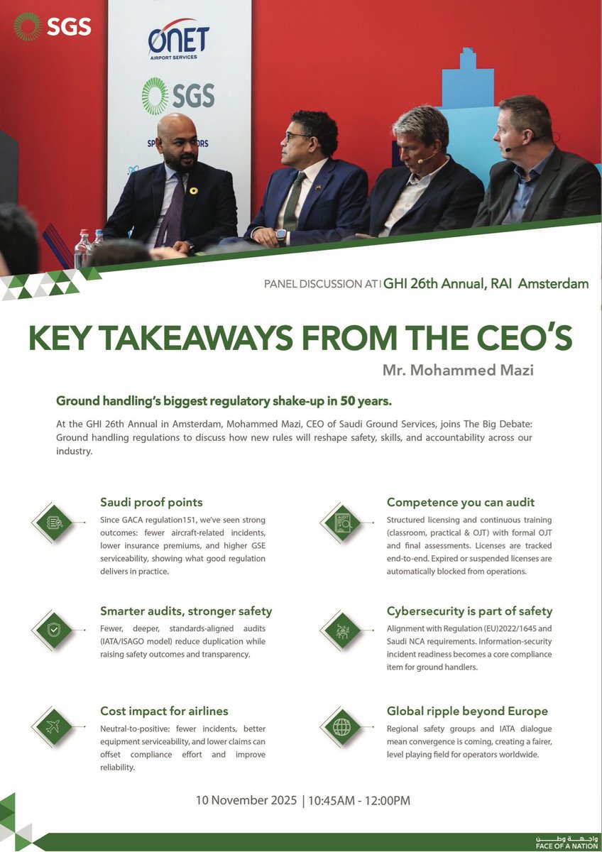 Mr. Mohammed Mazi, CEO of Saudi Ground Services, highlights standards of safety, efficiency, and accountability at the 26th Annual #GHI Conference in Amsterdam.

#SGS 
#Face_of_a_Nation ✈️