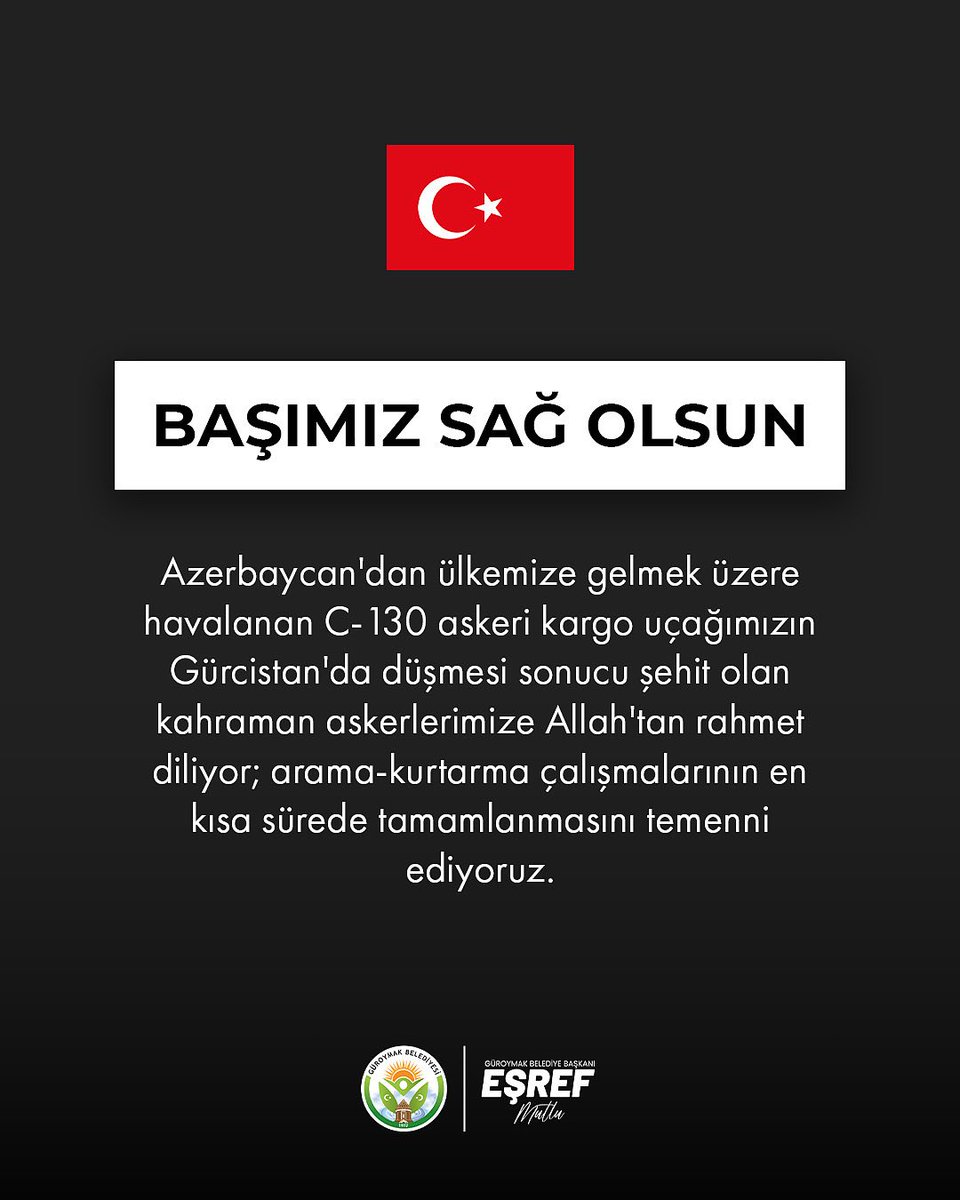 Azerbaycan'dan dönerken Gürcistan'da düşen C-130 askeri kargo uçağımızda şehit olan kahraman askerlerimize Allah’tan rahmet diliyoruz. Milletimizin başı sağ olsun.🇹🇷