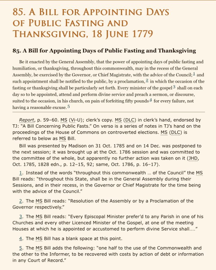 d3bach's tweet image. #ThomasJefferson is also credited with framing “A Bill for Appointing Days of Public Fasting and Thanksgiving,” Bill No. 85 of the Revised Laws of Virginia (1779), which #JamesMadison later introduced in the Virginia legislature on Oct. 31, 1785.