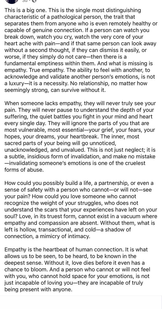 " هذا أمر بالغ الأهمية. إنه السمة الأكثر تمييزًا للشخص المرضي نفسيًا، السمة التي تفصله عن أي شخص يتمتع بصحة نفسية ولو بقدر ضئيل أو قادر على التواصل الحقيقي. إذا كان بإمكان شخص ما أن يراك تنهار، ويشاهدك تبكي، ويرى قلبك يتألم من شدّة الألم — ثم يتمكن هذا الشخص نفسه من أن يدير وجهه