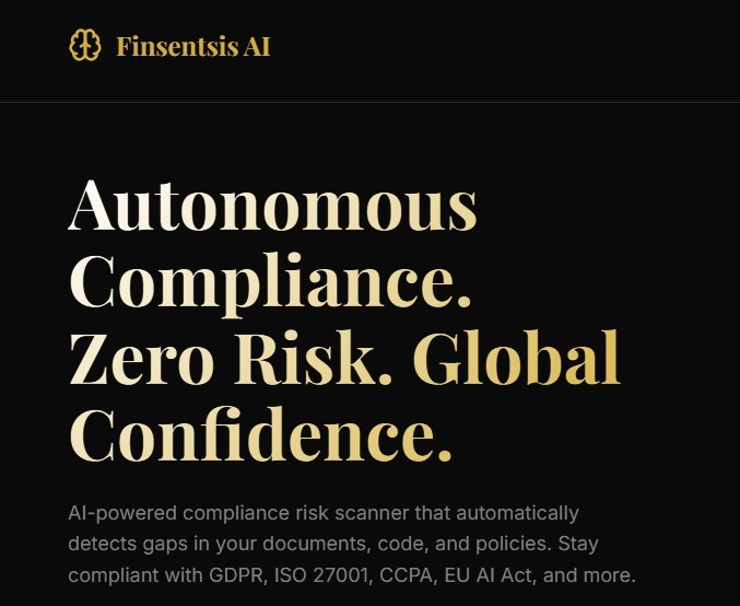 ushodharraju's tweet photo. Just Launched! Future of Compliance is Here! @KTRBRS @naralokesh

Introducing "Finsentsis AI Compliance Risk Scanner".
Scan. Detect. Analyze. Recommend.

Try it now: https://t.co/inFgwH2Qws
✨ Autonomous Compliance. Zero Risk. Global Confidence.

#Finsentsis #Compliance #RegTech https://t.co/PXPigckdTN