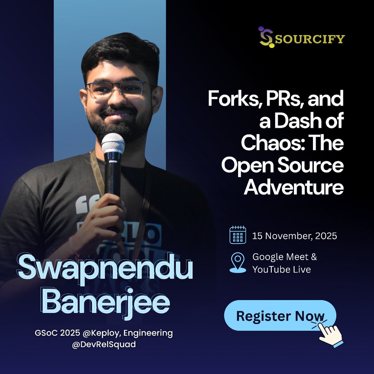 🚀 Forks, PRs &amp; a Dash of Chaos: The Open Source Adventure! 💻✨
🎙 Swapnendu Banerjee GSoC’25 @Keploy | Engg. <a href="/DevRelSquad/">DevRelSquad</a>
📅 Nov 15, 2025 | 📍 Google Meet &amp; YouTube Live
🔥 Dive into Open Source &amp; learn how collaboration sparks innovation!
👉 Register: luma.com/oqarr0w6