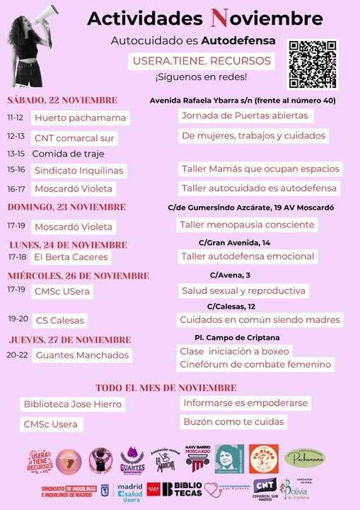 AVVBarrioMosca's tweet photo. Mes de noviembre, el autocuidado es autodefensa.
En torno a esta idea, los recursos de #Usera nos juntamos y ofrecemos a las mujeres diferentes formas de cuidarse y defenderse.
Un distrito fuerte es un distrito unido. Seguimos tejiendo💜
#25N #userafeminista #autocuidados https://t.co/eOj5Hy5w8r