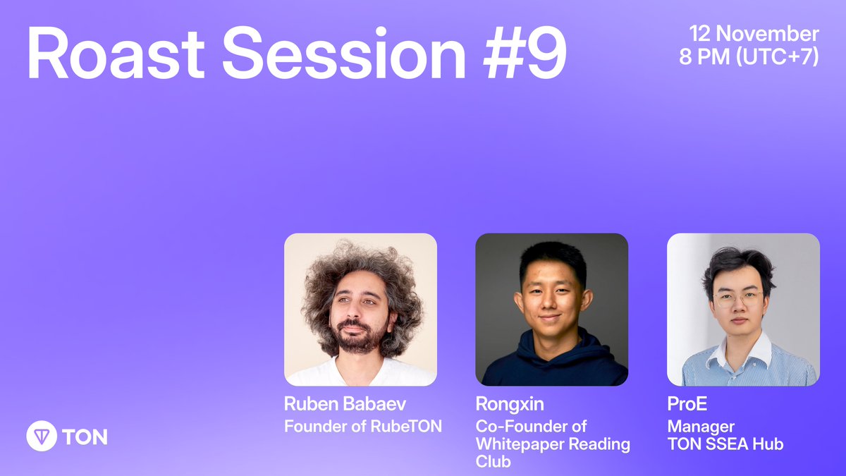 TONSSEA's tweet photo. 🥇 Roast Session #9 — TON SSEA Hub

📆 Wednesday 12 November — 8PM UTC+7
🔗Register on Luma https://t.co/uE6dZI3e8X

Projects will pitch their ideas and receive valuable feedback from experts. This is a great opportunity to learn how successful projects are created, What to pay attention to in development and also join the right team to develop together.

Experts
👨‍💻  Ruben Babaev — Founder of RubeTON
👨‍💻  Rongxin — Co-Founder of Whitepaper Reading Club
👨‍💻  ProE — TON SSEA Hub Manager 

✨BC Future https://t.co/rSIGYSLTga — is a trade and social training platform for Traders. Train on the $BC demo account, participate in Tournaments and Seasons for TON. Join the clans and add friends. Meme coins, Gifts, real trade, Predict, Prediction.

✨NetFishion https://t.co/tN2VV5KSfw — a 3D Play-to-Earn fishing MiniApp built on TON

✨EasyNftCase https://t.co/F3Jx8kxiYl — an innovative open case platform on the TON blockchain!

✨VPNT https://t.co/mjOm5EGk1V — a utility token of a decentralized VPN platform based on the TON Blockchain,