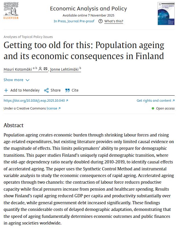 jonleh's tweet photo. 💡New journal article👨‍🦳

Very excited to announce that a new paper co-authored with @Mau_And "Getting too old for this: Population ageing and its economic consequences in Finland" is now available in Economic Analysis and Policy.
#econtwitter #economics
https://t.co/8hA3enemw5 https://t.co/BV7CpgqhQS