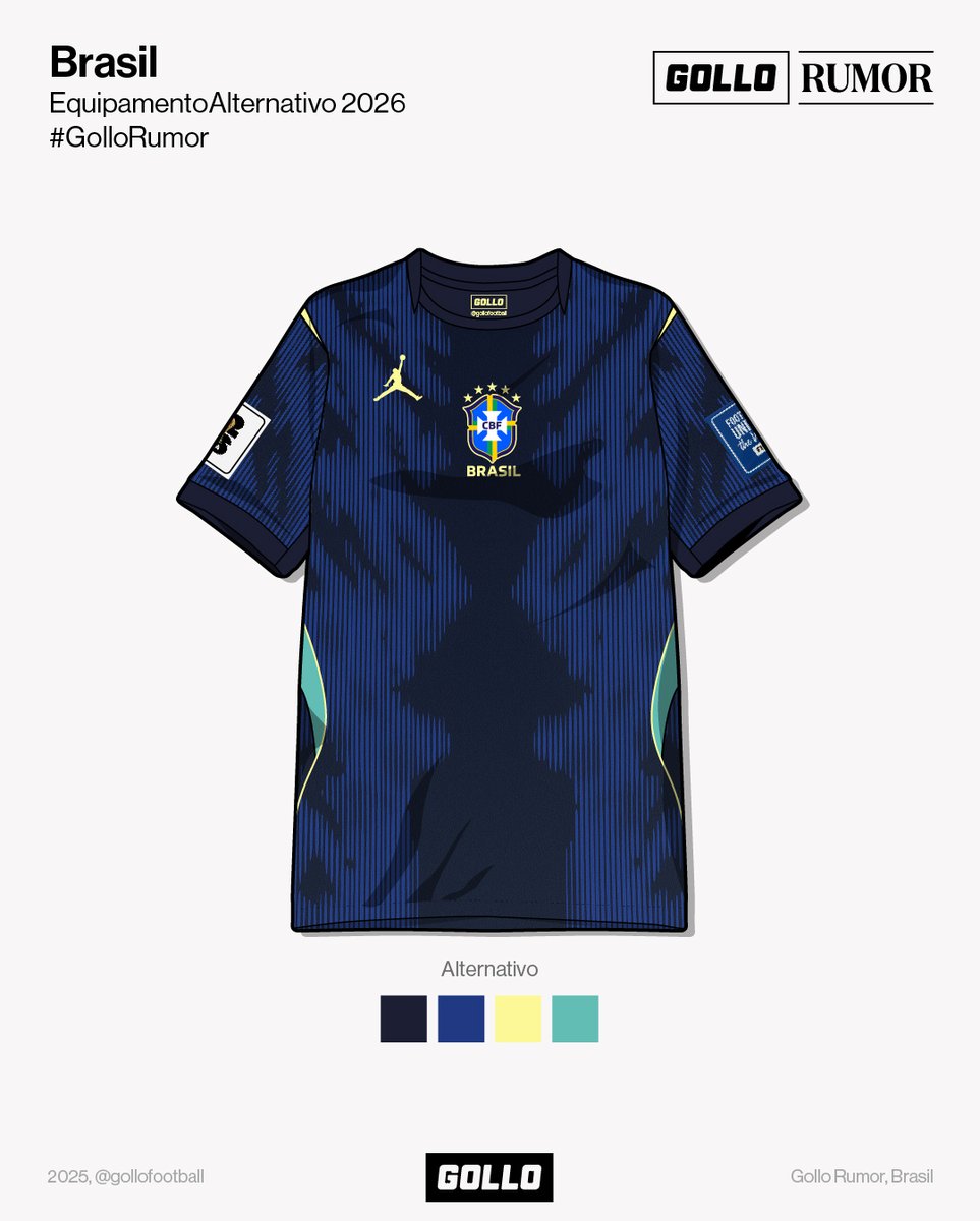 gollofootball's tweet image. O Brasil prepara-se para lançar pela primeira vez um equipamento com a marca Jordan!

A camisola alternativa para o Mundial de 2026 apresenta um design moderno em tons de azul, com detalhes em amarelo e verde que mantêm viva a essência da canarinha.

O que achas da nova camisola…