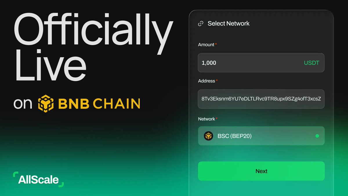 AllScale Pay is now live on <a href="/BNBCHAIN/">BNB Chain</a>.

As the world’s first self-custody stablecoin neobank, we’re building solutions for SMBs and individuals often left behind by traditional banks.

BNB Chain's great user coverage in our key regions, combined with its low gas and high speed,