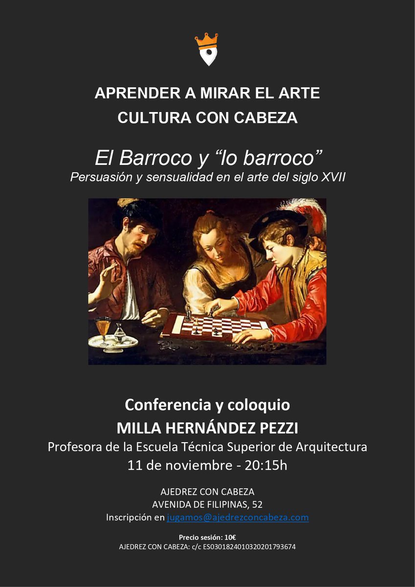ENCUENTROS CON EL ARTE: MIRAR, ENTENDER, DISFRUTAR
Esta semana Milla Hdez. Pezzi nos descubre “El Barroco y lo barroco: Persuasión y sensualidad en el arte del siglo XVII” 🎨
📅 Martes 11/11 · 20:15h en <a href="/AJEDREZCABEZA/">AJEDREZCONCABEZA</a> 
ℹ️ Más info  ajedrezconcabeza.com/encuentros-con…
#Arte #Cultura