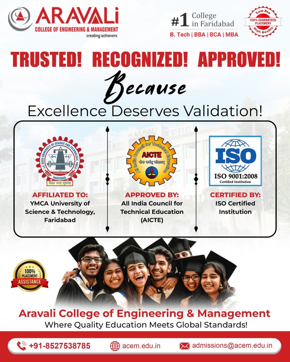 acem2008's tweet image. 🌟 Trusted. Recognized. Approved.

At Aravali College of Engineering &amp;amp; Management, excellence isn’t just a goal — it’s a tradition! 💪

✅ AICTE Approved
✅ YMCA University Affiliated
✅ ISO Certified

#StudentLife #EngineeringGoals #CreatingAchievers #AravaliCollege #ACEMIndia