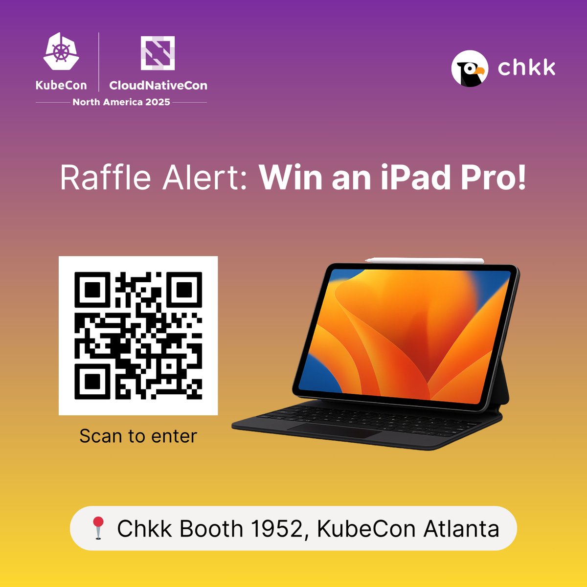 chkk_io's tweet photo. Raffle Alert: Win an iPad Pro at KubeCon NA 2025! 🎉

Chkk is at KubeCon and we're super excited to meet everyone! 🙌

📍 Visit Chkk at Booth 1952 to enter our iPad Pro raffle or simply scan the QR code for a chance to win! 🏆

Winners will be announced Wednesday at 4:00 PM — live at Chkk Booth #1952.

Be there when we reveal the winners! 👏

Let’s make this KubeCon unforgettable!