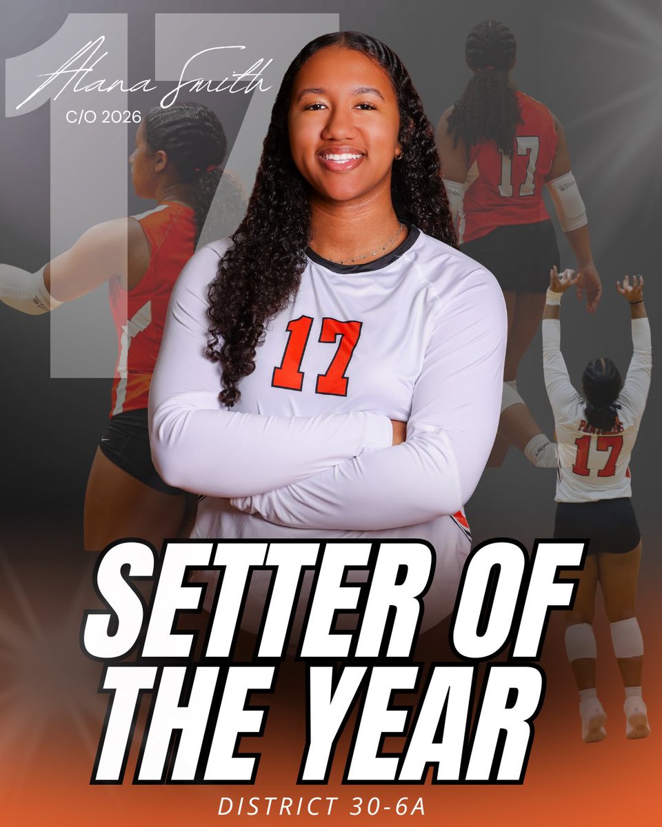 2025 All District Awards 

Setter of the Year 
Alana Smith • SR • 17

District Stats 
🏐340 assists 
🏐29 aces 
🏐109 digs 

Congratulations, Alana!!🧡🐾🥳🏐
