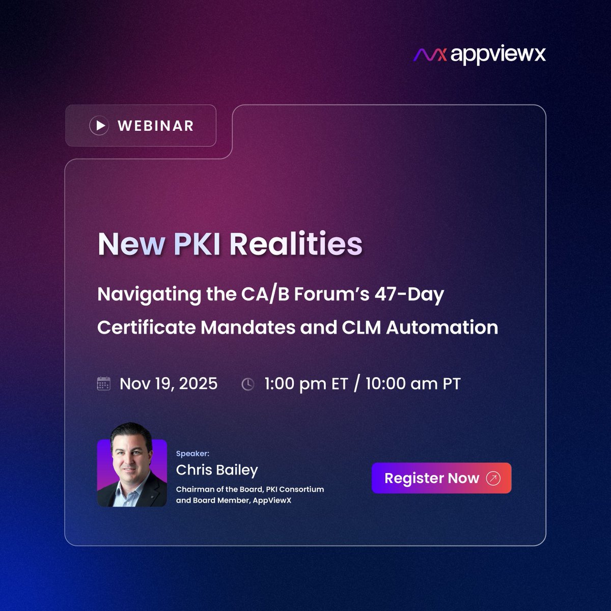 AppViewX's tweet image. 📢 Big changes ahead for PKI. By 2029, certificate validity drops to just 47 days—a 12× increase in workload. Hear from PKI Consortium&apos;s Chairman of the Board, Chris Bailey on how to prepare and automate CLM.

Register → buff.ly/IMvxgu3 

#PKI #Cybersecurity #CABForum