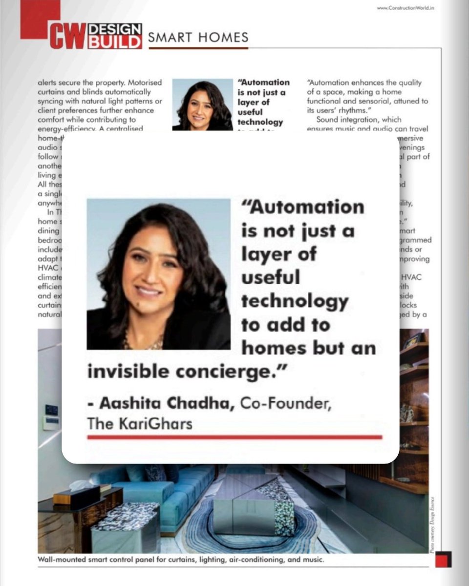 The_KariGhars's tweet photo. We’re thrilled to be featured in Construction World Magazine with our founder Aashita Chaddha in the article Smart@Home, exploring the rise of automation in luxury living.

Read more → https://t.co/Q0ZkR2d1YU

#SmartHomes #LuxuryLiving #AutomationDesign #BangaloreInteriors https://t.co/OWnlgBG6IH
